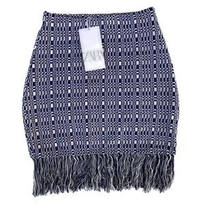 Zara Tweed Blue and White Knit Fringe Pull On Miniskirt NWT